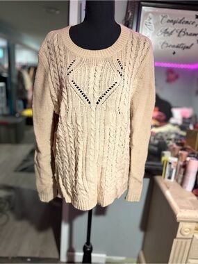 Taylor & Sage Cream Cable Openwork Knit Crewneck Sweater